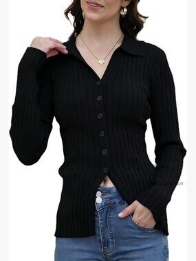 Viscose Nylon Cardigan Fitted Cinched Waist Polo Collar Work Sweater